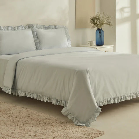 Karaca Home Pure Ruffle 100% Katoenen Tweepersoons Dekbedovertrek Set Lichtblauw