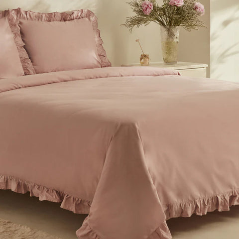 Karaca Home Pure Ruffle 100% Katoenen Tweepersoons Dekbedovertrek Set Poeder