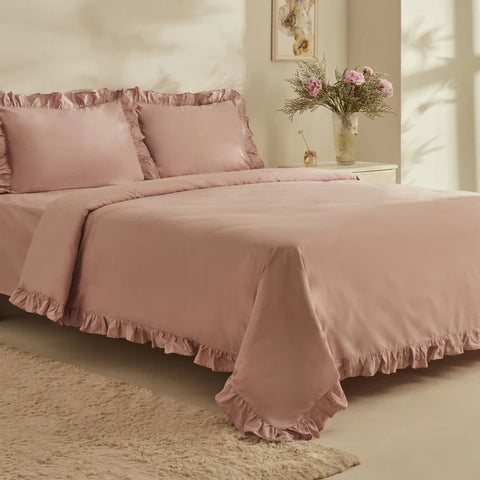 Karaca Home Pure Ruffle 100% Katoenen Tweepersoons Dekbedovertrek Set Poeder