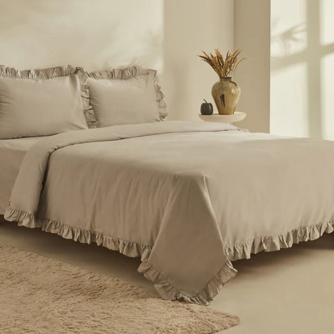 Karaca Home Pure Ruffle 100% Cotton Double Bed Duvet Set Light Gray