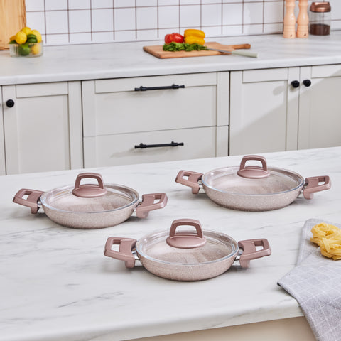 Karaca Biogranite Induction Shallow Frying Pan Set 3 Piece Rose Gold