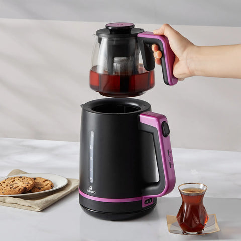 Karaca Maxi Tea XL 2-in-1 theemaker met glazen zeef en waterkoker, framboos