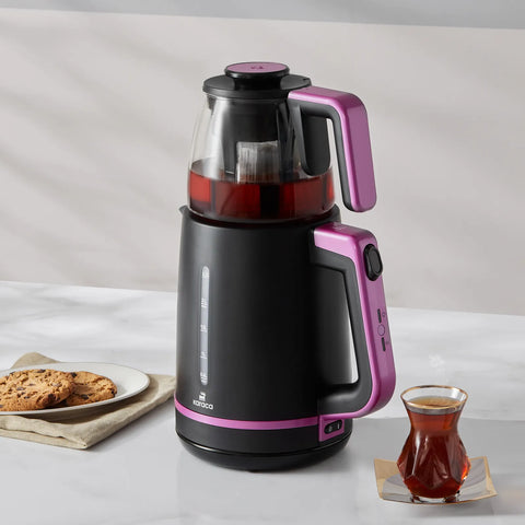 Karaca Maxi Tea XL 2-in-1 theemaker met glazen zeef en waterkoker, framboos