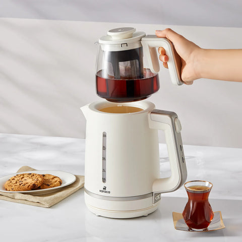 Karaca Maxi Tea XL 2-in-1 theemaker met glazen zeef en waterkoker, moerbei