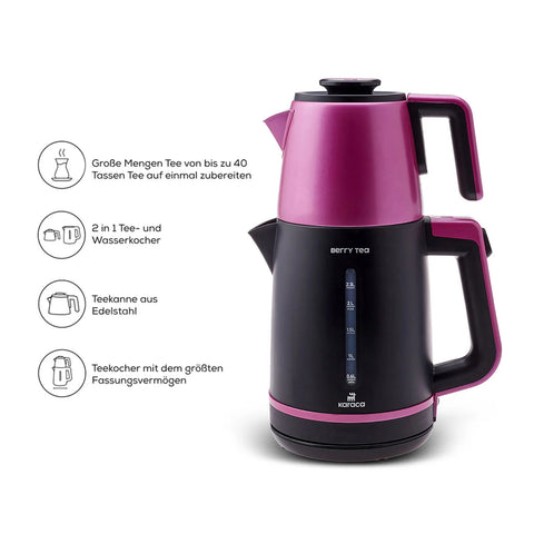 Karaca Berry Tea XL 2-in-1 theemaker en waterkoker met stalen theepot, roze bes