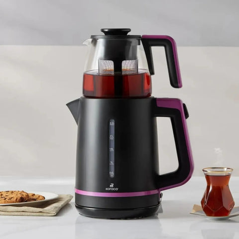 Karaca Maxi Tea XL 2-in-1 theemaker met glazen zeef en waterkoker, framboos