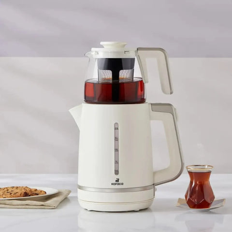 Karaca Maxi Tea XL 2-in-1 theemaker met glazen zeef en waterkoker, moerbei