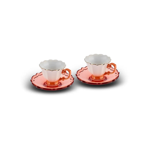 Karaca Samo, set koffiekopjes van 90 ml voor 2 personen met schoteltjes van acryl, oranje