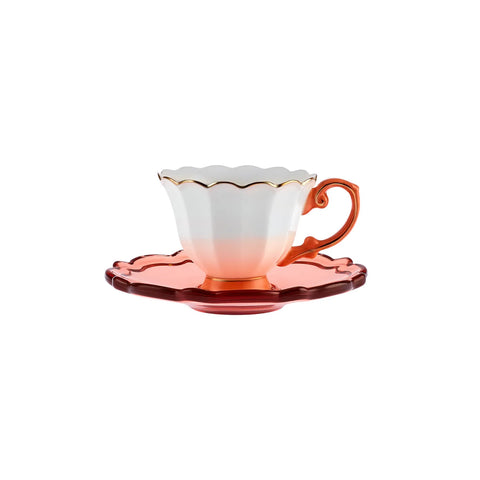 Karaca Samo, set koffiekopjes van 90 ml voor 2 personen met schoteltjes van acryl, oranje