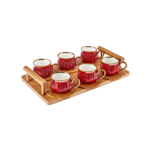 Karaca Bamboe Rode Koffiekopjes Set 90 ml, 6 Personen, met Dienblad