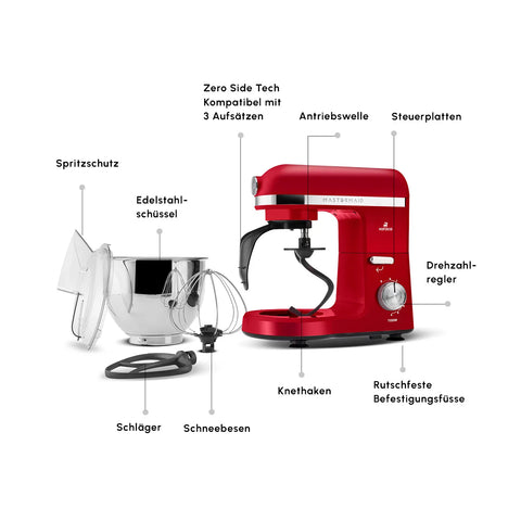 Karaca Mastermaid Chef Pro, Keukenmachine met Dubbele Arm, Imperiaal Rood, 1500 W