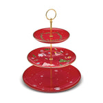 Karaca Christmas Porcelain Golden Line 3 Layered Cake Stand, Red