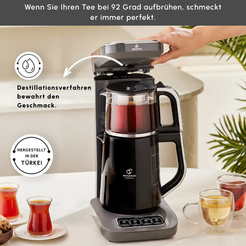 Karaca Caysever Robotea Pro 4 in 1, automatische theezetter, waterkooker en filterkoffiezetter met spraakfunctie, 2500 W, ruimtegrijs