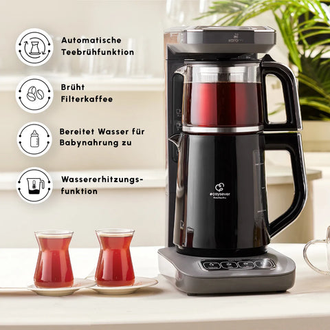 Karaca Caysever Robotea Pro 4 in 1, automatische theezetter, waterkooker en filterkoffiezetter met spraakfunctie, 2500 W, ruimtegrijs