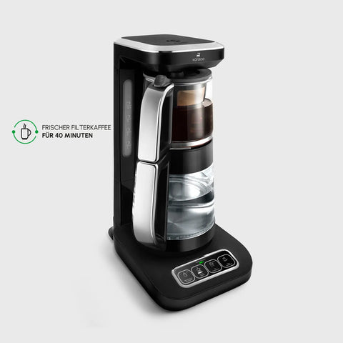 Karaca Çaysever Robotea Pro 4 in 1 Sprekend Automatisch Theezetapparaat met Glas, Waterverwarmer en Filter Koffiezetapparaat 2500W Zwart Chroom