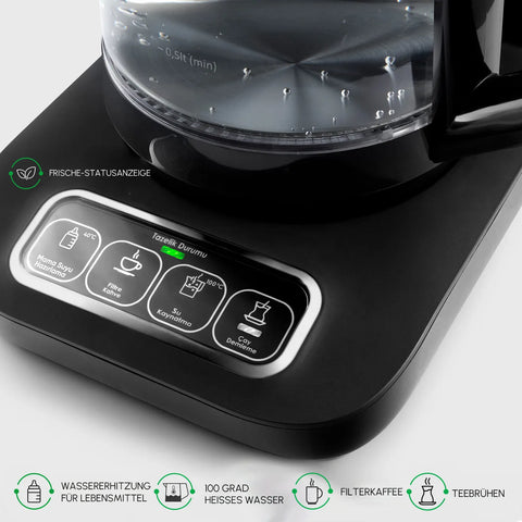 Karaca Çaysever Robotea Pro 4 in 1 Sprekend Automatisch Theezetapparaat met Glas, Waterverwarmer en Filter Koffiezetapparaat 2500W Zwart Chroom