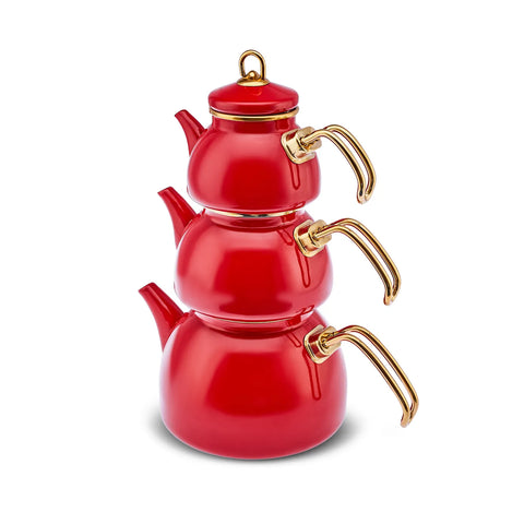 Karaca Retro Emaille Theepot, 3-Delig, Rood 