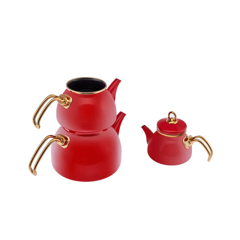 Karaca Retro Emaille Theepot, 3-Delig, Rood 