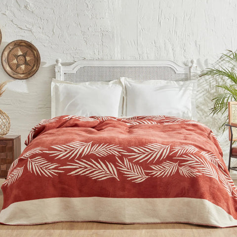 Karaca Home Leaf Double Cotton Blanket Terracota